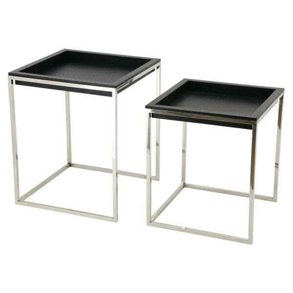 Empire Art Direct Black Ostrich Exotic Leather Nesting Tables with Stainless Steel Legs EXL-1011-04BLK-SS